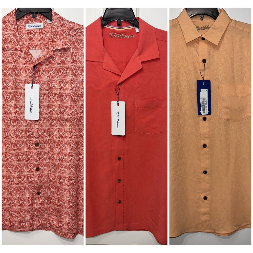 Lot of 3 NEW Caribbean Roundtree Yorke Mens Medium Coral Short Sleeve Camp Shirt